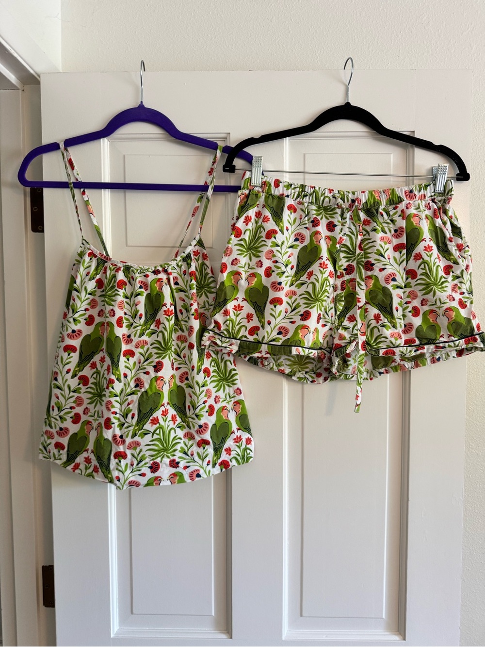 Print Fresh 100% Cotton Pajama Set Shorts Tank Love Birds Green White Small EUC